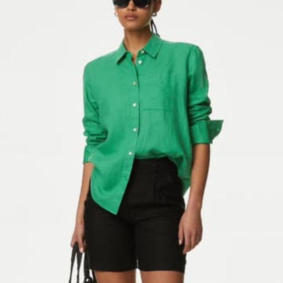 Aritzia Babaton Relaxed Linen Green Casual Button Down Shirt Blouse S - Picture 1 of 7